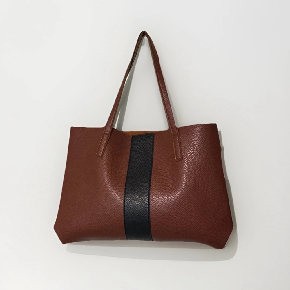 Vince Camuto Elegant Brown Leather Tote Bag with Black Stripe